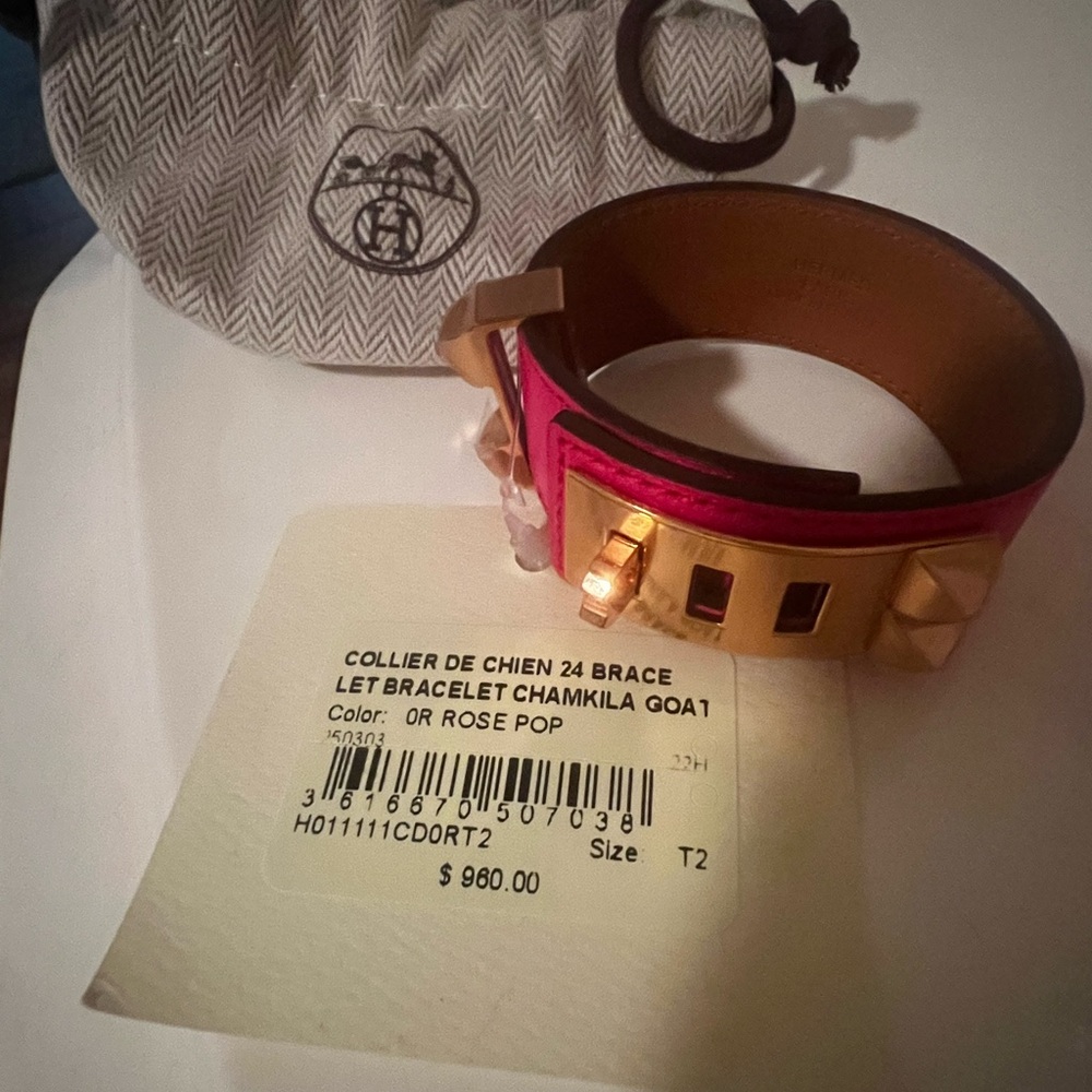 Hermes Collier De Chien 24 in Rose Pop and Gold - Leather Bracelet with Studded